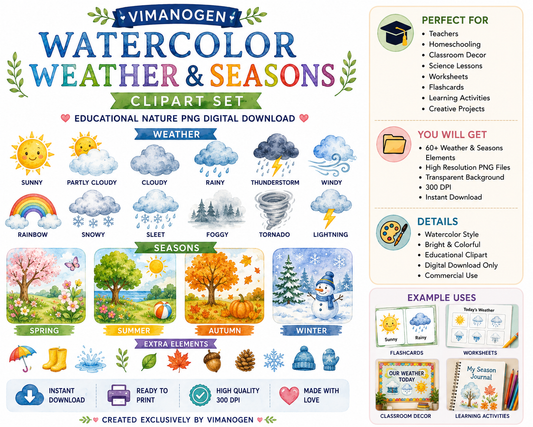 Vimanogen Watercolor Weather & Seasons Clipart Set – Educational Nature PNG Digital Download