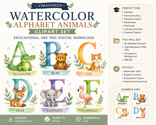 Vimanogen Watercolor Alphabet Animals Clipart Set – Educational ABC PNG Digital Download