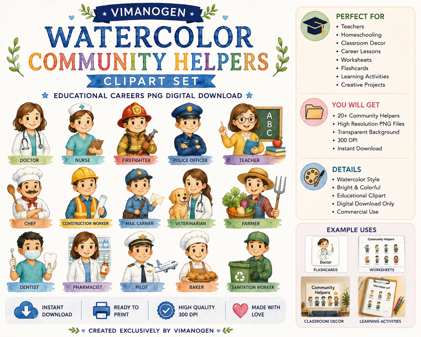 Vimanogen Watercolor Community Helpers Clipart Set – Educational Careers PNG Digital Download