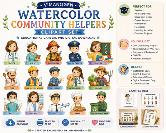Vimanogen Watercolor Community Helpers Clipart Set – Educational Careers PNG Digital Download