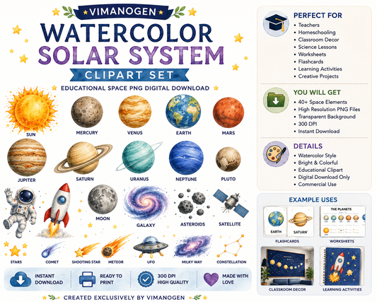 Vimanogen Watercolor Solar System Clipart Set – Educational Space PNG Digital Download