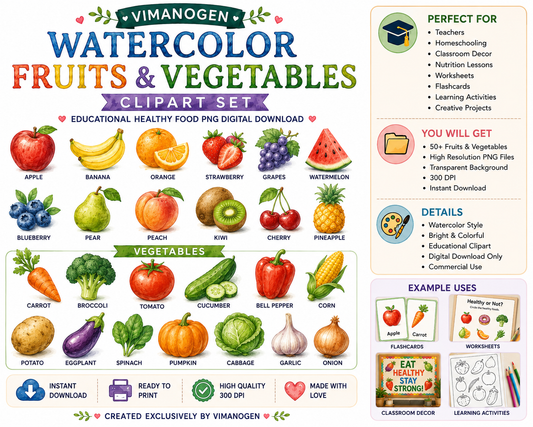 Vimanogen Watercolor Fruits & Vegetables Clipart Set – Educational Healthy Food PNG Digital Download