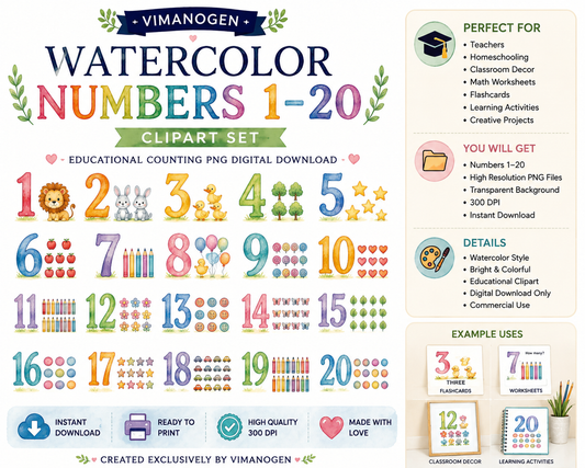 Vimanogen Watercolor Numbers 1–20 Clipart Set – Educational Counting PNG Digital Download